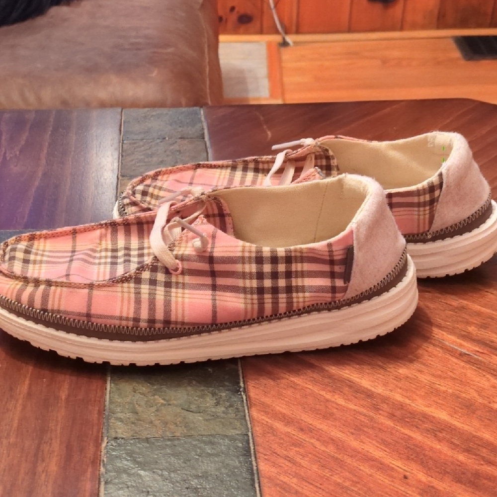 Hey Dude Plaid Pink and Brown Flats